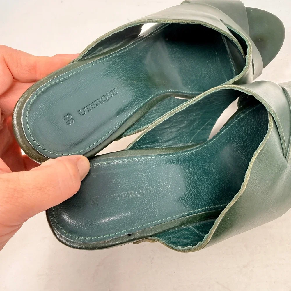Uterque‎ Green Leather Platform Clog Sandals Studded Wood Heel EU 38 US 8